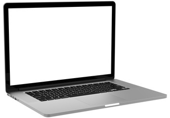 Laptop with blank screen isolated on white background, white aluminium body.Whole in focus. High detailed. Template, mockup.