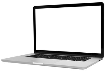 Laptop with blank screen isolated on white background, white aluminium body.Whole in focus. High detailed. Template, mockup.