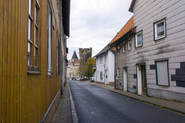 Fototapeta na wymiar Street view of a old town Alfeld in Lower Saxony, Germany. It is located on the Leine river on the German Timber-Frame Road.