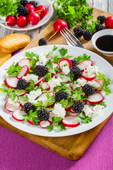 parsley, blackberry, radish, goat cheese ,close-up