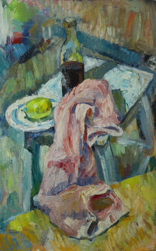 Oil painting still life with  fabric on a chair with a bottle of alcohol and lemon in a plate On Canvas