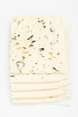 blue cheese slices on white background