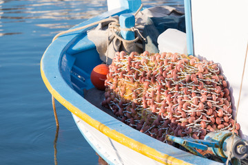 Fishing boat equipment detail: net, arts macro. Mediterranean sea