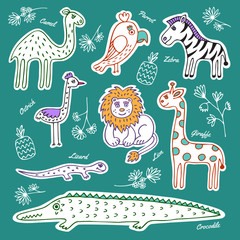 Set of wild animals and birds