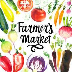 Illustration with watercolor food. Farmer's market. 