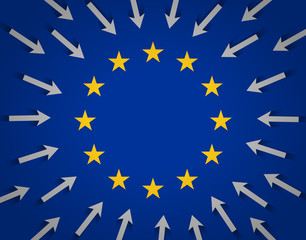 European Union flag and arrows pointing to center