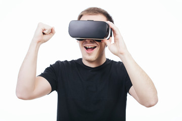 Man wearing virtual reality glasses isolated 