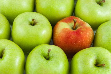 One red apple among green apples