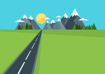 Beautiful country highway in field and mountains. Rural nature, flat style illustration. Summer or spring green landscape background with space for text. Travel and safety traffic concept. 