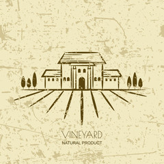 Vector old grunge background with vineyard fields and villa. Tuscany rural landscape. Trendy concept for wine list, bar or restaurant menu, labels and package for organic products.
