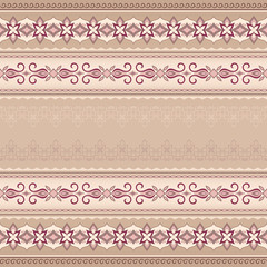 Vintage pink red seamless border on beige background.