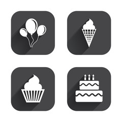 Birthday party icons. Cake with ice cream symbol