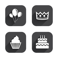 Birthday party icons. Cake and cupcake symbol.