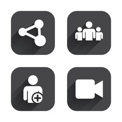 Group of people and share icons. Video camera.