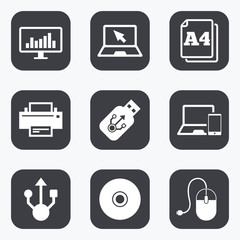 Computer devices icons. Printer, laptop signs.