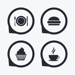 Food icons. Muffin cupcake symbol. Fork, knife.