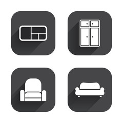 Furniture icons. Sofa, cupboard, and book shelf.