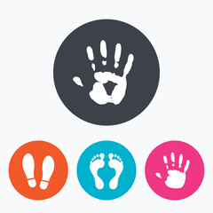 Hand and foot print icons. Imprint shoes symbol.