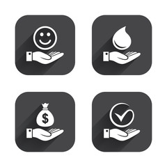 Smile and hand icon. Water drop, Tick symbol.
