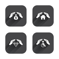 Hands insurance icons. Money savings sign.