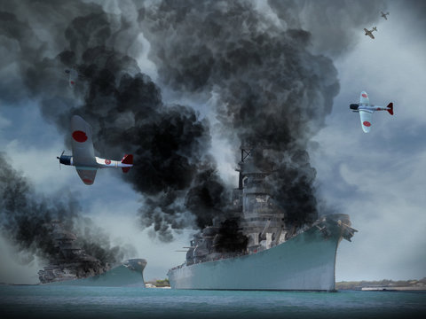 Digital Oil Painting of an attack similar to Pearl Harbor in World War 2.