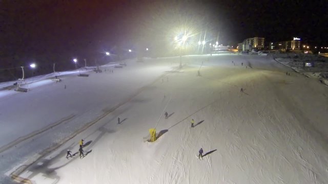 Aerial shot of ski slope the Bukovel resort at night
