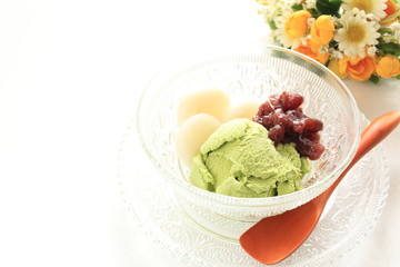 Green tea ice cream with sticky rice ball for Japanese summer dessert