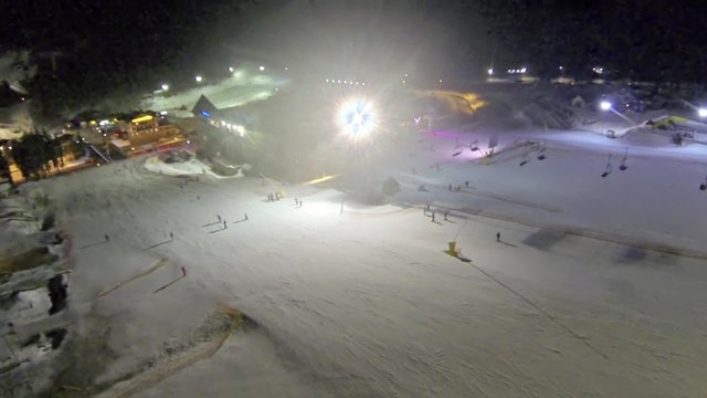 Aerial shot of ski slope the Bukovel resort at night