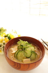 Japanese summer cuisine, cucumber and tofu miso soup