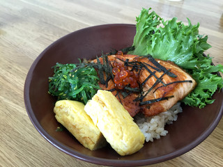 Japanese style grilled salmon rice