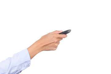 business woman hand holding car keys on white background