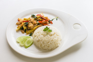 Thai stir fried chicken and basil with rice or 