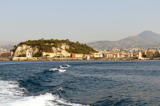 Color DSLR stock image of Nice harbor on the Mediterranean coast of the French Riviera. Horizontal with copy space for text