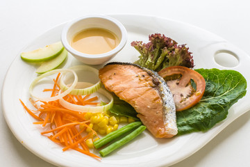 Fresh steak salmon with fresh ingredients, herbs Top view.