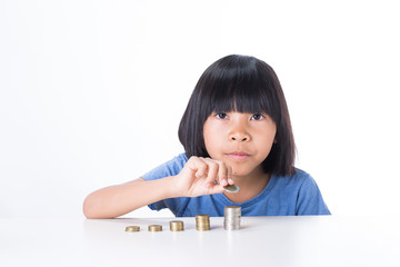 Cute Little asian girl and pile coin for saving. money concept  in thinking action with white background