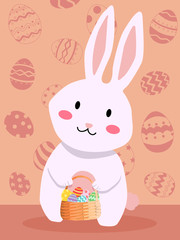 Fototapeta premium White rabbit holding easter egg basket in pink silhouette easter egg background.