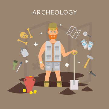 Archeology vector flat illustrations. Archaeologist, map, magnifier, shovel, pick, vector symbols. Vector treasure hunt excavations. Archeology vector symbols.