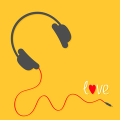 Headphones with red cord. Love card. White text heart. Flat design icon. Yellow background