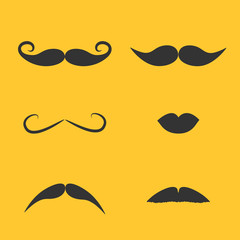 Set of mustaches and lips on yellow background. Isolated. Flat design.