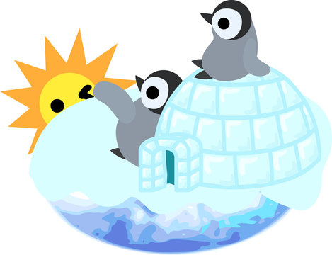 The pretty penguin babies and sunset and an igloo