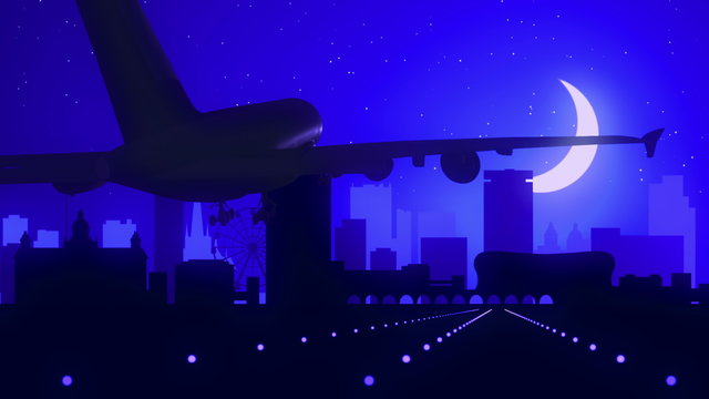 Birmingham Airplane Landing Moon Night Blue