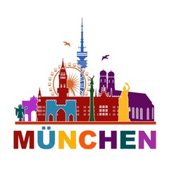 München Silhouette Sehenswürdigkeiten - Liebfrauenkirche Stachus Bavaria Fernsehturm Riesenrad Oktoberfest - Skyline Vektor Grafik - bunt