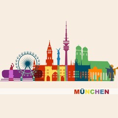 München Sehenswürdigkeiten bunte Silhouette - Liebfrauenkirche Stachus Bavaria Fernsehturm Riesenrad Oktoberfest - Skyline Vektor Grafik - obrazy, fototapety, plakaty