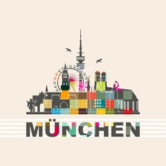Fototapeta premium München - Liebfrauenkirche Stachus Bavaria Fernsehturm Riesenrad Oktoberfest - Silhouette Sehenswürdigkeiten Skyline Mosaik Vektor Grafik