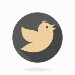 Fine golden icon with flying bird in the circle. Flat design with long shadow