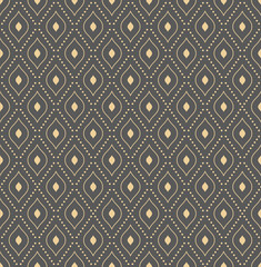 Geometric repeating ornament with diagonal golden dotted lines. Seamless abstract modern pattern