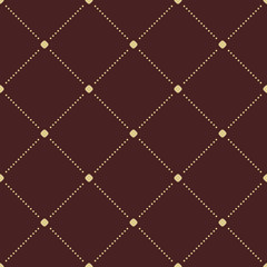Geometric repeating brown and golden ornament with diagonal dotted lines. Seamless abstract modern pattern