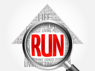 RUN arrow word cloud with magnifying glass, health concept