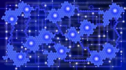 Hexagon data network on blue.