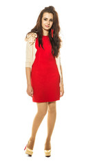 Beautiful brunette model in red dress.